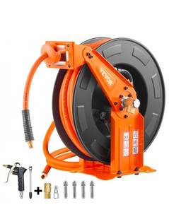 lot 19988 image: VEVOR Retractable Air Hose Reel with Double Arms, 38 IN x 65FT Hybrid Air Hose Max 300PSI, Air Compressor Hose Reel with 5FT Lead in, CeilingWall Mount Heavy Duty Steel Reel for Workshop Garage - Retail $120
