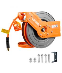 lot 19989 image: VEVOR Retractable Air Hose Reel, 38 Inch x 50 FT Hybrid Air Hose Max 300PSI, Auto Rewind Air-Compressor Hoses Reel with 5 ft Lead in, 180° Swivel CeilingWall Mount for Garage Workshops - Retail $84