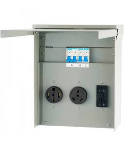 lot 20010 image: VEVOR Temporary Power Outlet Panel, 125250V, RV Power Outlet Box with a 203050 Amp Receptacle Installed, NEMA 14-50R  NEMA TT-30R  15A GFCI for RV Camper Trailer Motorhome - Retail $110