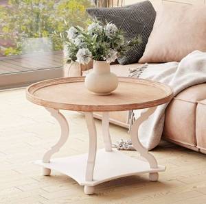 lot 20075 image: COZAYH Round Farmhouse Coffee Table, Wood Tray Top, White, CircleCoffee Table with Storage, Rustic Coffee Table, Small Round End Table, Round Wood Accent Table - Retail $132