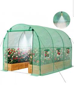 lot 20105 image: VEVOR Walk-in Tunnel Greenhouse, 10 x 7 x 7 ft Hoop House Greenhouse Tunnel, Plant Hot House with 4 Nozzles, 26.25 ft Hose, Steel Frame, PE Cover, Roll-up Zipper Door and 6 Windows for Outdoors, Green - Retail $100