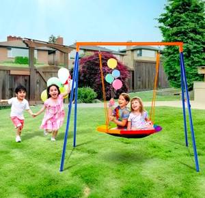 lot 20106 image: VEVOR Swing Sets for Backyard, 440lbs Load Capacity Swing Set, 40 Saucer Swing Seat with Heavy Duty A-Frame Metal Swing Stand and Adjustable Rope, Easy to Assemble, Swingset Outdoor for Kids - Retail $105