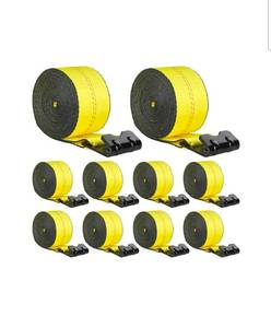 lot 20134 image: VEVOR Winch Straps, 4 x 40, 6000 lbs Load Capacity, 18000 lbs Break Strength, Truck Straps with Flat Hook, Flatbed Tie Downs Cargo Control for Trailers, Farms, Rescues, Tree Saver, Yellow (10 Pack) - Retail $133