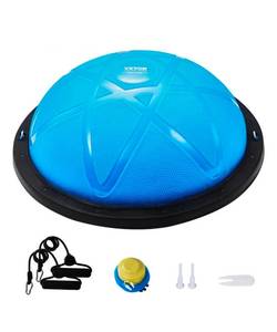 lot 20136 image: VEVOR Half Exercise Ball Trainer, 23 inch Balance Ball Trainer, 660 lbs Capacity Stability Ball, Yoga Ball with Resistance Bands and Pump, Strength Fitness Ball for Home Gym, Full Body Workouts, Blue - Retail $0
