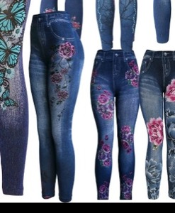 lot 697 image: 2 Pack Womens Denim Print Fake Faux Jeans Leggings Stretchy Pants, XL