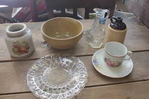 lot 2105 image: Vintage Crock Bowl, Tea Cup, Saucer & More