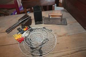 lot 2129 image: Vtg. Cast Iron Meat Press, Matchbox Holder & More