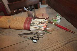 lot 2136 image: Vintage Sewing Scissors, Pin Cushion & More