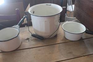 lot 2197 image: Vtg. Enamelware Saucepans and More