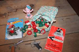 lot 2218 image: Vintage Carrom Game Pieces, NIP Hot Wheels Car & More