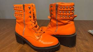 lot 131 image: Womens Orange Studded Platform Lace-Up Boots with Side Zip size 10