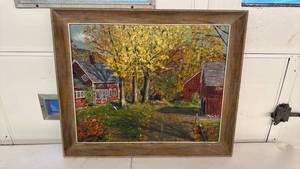 lot 150 image: Framed Landscape Oil Painting Rural Farm Scene with Red Barn
