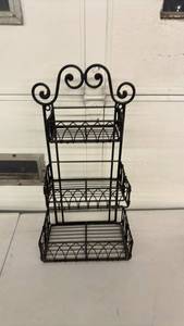 lot 172 image: Black Metal 3-Tier Wire Basket Stand with Scrolled Top