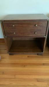 lot 906 image: Vintage Wood Nightstand 2-Drawer with Open Shelf and Metal Corners 24X24X19