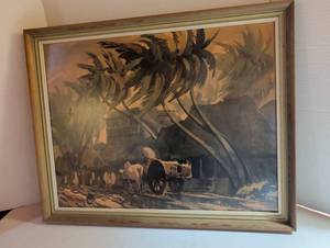 lot 1000 image: Framed Landscape Print with Cart and Palm Trees