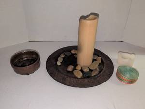 lot 1013 image: Ceramic Candle Holder Set with Stones Bowl and Coasters
