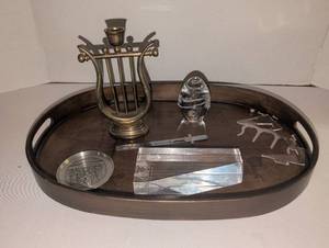 lot 1023 image: Decorative Desk Accessory Set Wood Tray Braaa Lyre Candle Holder Egg Glass Medallion