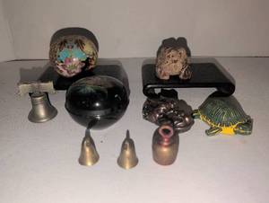 lot 1028 image: Decorative Collectible Lot with Cloisonne Ball, Black Lacquer, and Metal bells