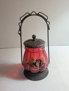lot 1030 image: Decorative Handled Jar with Red Glass and Metal Mounts