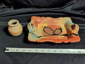 lot 1037 image: Decorative ceramic dish with handles and small vessel, two-piece lot