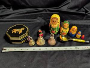 lot 1040 image: Russian Nesting Dolls Lot with Bells, Box, and Decorative Spoon