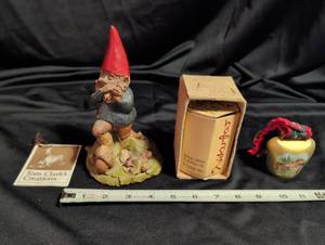 lot 1043 image: Tom Clarks Creations Gnome Figurine,  Perfume Cream Oil and dutch bell