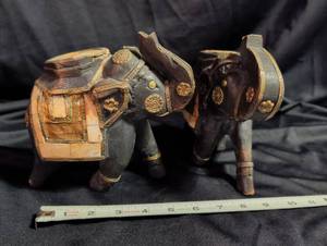 lot 1045 image: Pair of Carved Elephant Figurines with Decorative Saddles and Inlay