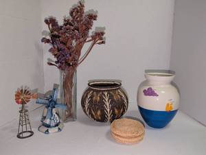 lot 1049 image: Decorative Accents Lot Woven Basket, Ceramic Vase, Glass Vase, Miniature Windmill, Metal Miniature