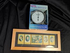lot 1055 image: Taylor Weather Instrument Humidity 0-100% Dial Gauge and five vintage postage stamps from the State of Oman.