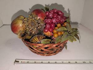 lot 1064 image: Decorative Autumn Fruit Basket Arrangement with Pomegranate Sunflower Grapes