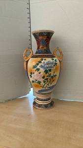 lot 1122 image: Hand-Painted Ceramic Vase with Figural Handles approx. 17 in. Handle cracked - see pictures
