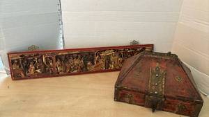 lot 1127 image: Red Painted Wood Box with Metal Hardware and Hinged Lid, Plus Carved Relief Panel&nbsp 2-Piece Lot