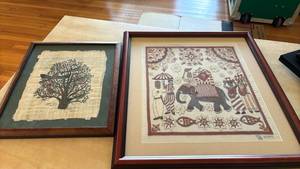 lot 1140 image: One Framed Papyrus Art Print Birds in Tree MotifAnd a needlework piece with elephant