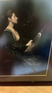 lot 1143 image: Framed Print Portrait Woman with Lyre, Drawing of house and a toucan painting on papyrus