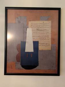 lot 1200 image: Framed 25x31 Art with Musical Score and Geometric Shapes