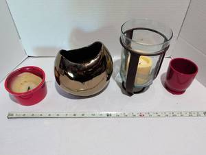 lot 1213 image: Candle Lot 4 Pieces Red Holders Glass Hurricane Votive