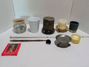 lot 1214 image: Candles, holders, planters and candle snuffer