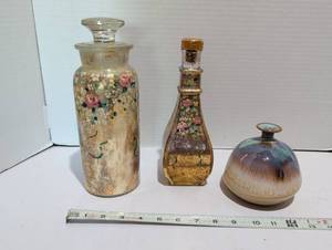 lot 1225 image: Decorative Glass Bottles with Floral Gold Leaf Detail, and vase