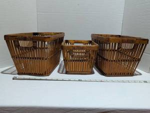 lot 1251 image: 3-Piece Woven Bamboo Storage Baskets with Handles