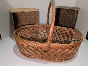 lot 1260 image: Woven Basket with Handle and Two Cubic Storage Baskets