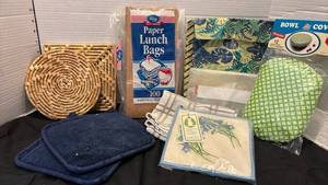lot 1302 image: Paper Lunch Bags, hot pads, trivet and more