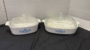 lot 1306 image: Corning Cornflower Blue Casserole Dishes with Glass Lids 2-Piece Set