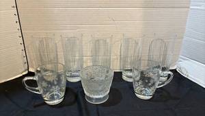 lot 1311 image: Glass Drinkware Set of 5, two Starbucks mugs and a sugar bowl