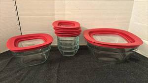 lot 1400 image: Glass Food Storage Containers with Red Lids