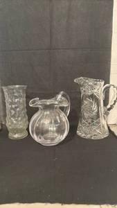 lot 1411 image: Three-Piece Cut Glass Lot Pitcher, Vase, Pitcher