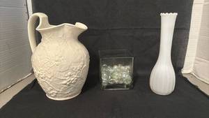 lot 1413 image: White Ceramic Pitcher with Relief Floral Design and Vase Lot