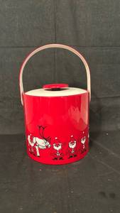 lot 1421 image: Red Holiday Ice Bucket with Santa and Reindeer Design Cream Lid Handle