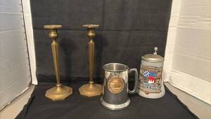 lot 1429 image: Decorative Collectibles Lot Brass Candlesticks, Bavaria Stein, Methodist University Mug