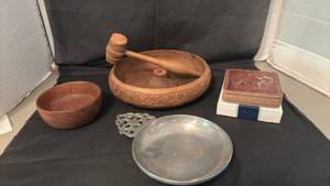 lot 1433 image: Decorative Accessories Lot Carved Wood Bowls, Metal Plate, Ornate Dish, Coasters