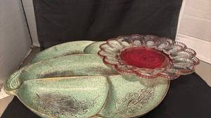 lot 1434 image: Decorative Serving Tray Set Green divided tray and Red Glass Egg Dish